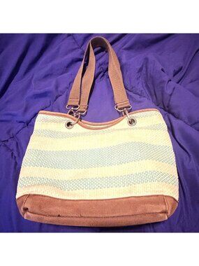 Thirty-One Turquoise Tan Woven Stripe Shoulder Purse Tote Bag Beach Picnic Swim